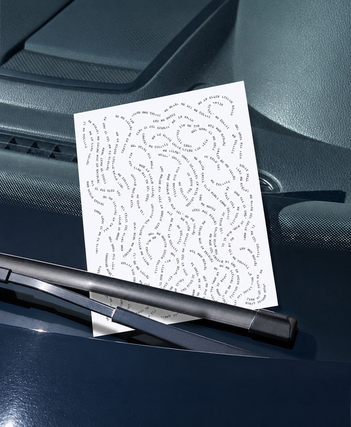 Flash-lit postcard under a windshield wiper